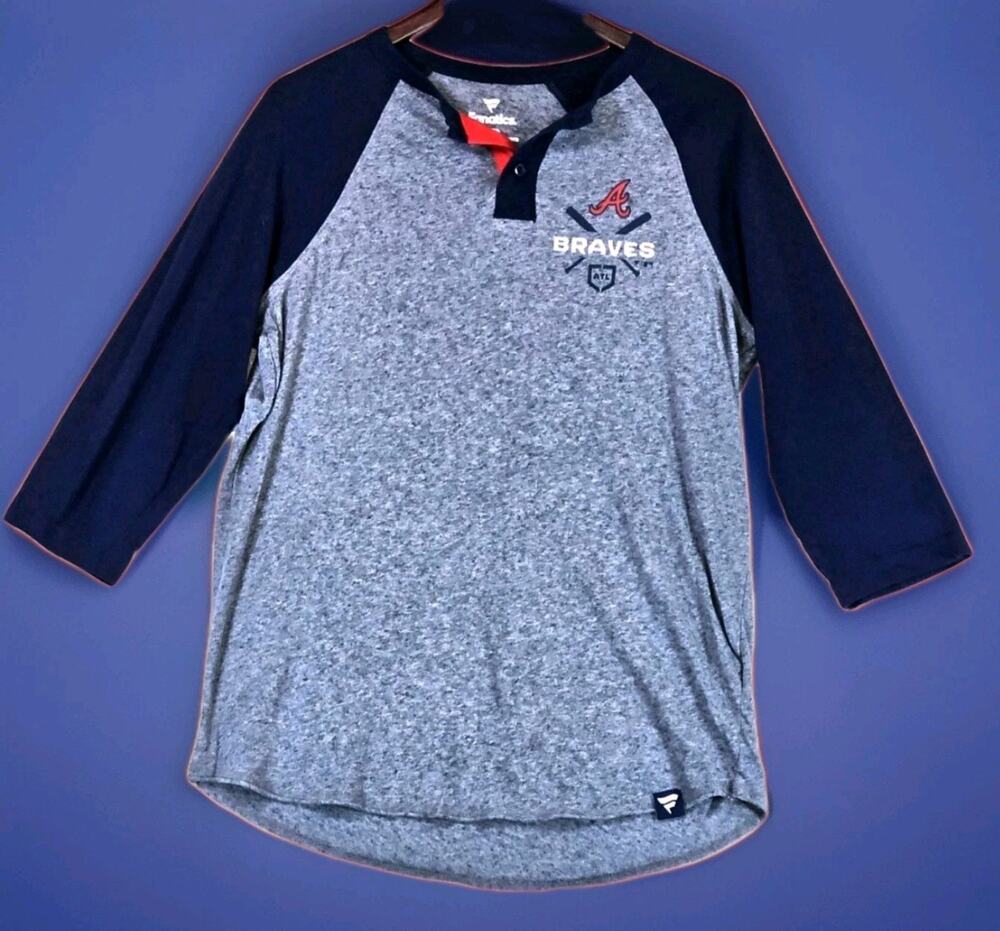 Atlanta Braves Baseball Men’s Large Polo Fanatics MLB Grey Blue Shirt LongSleeve